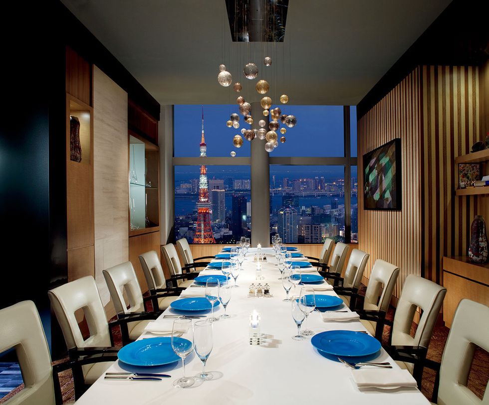 Restaurant, Blue, Room, Interior design, Dining room, Table, Building, Furniture, Architecture, Function hall, 