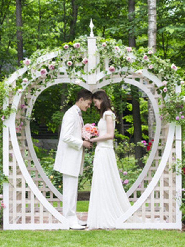 Photograph, White, Bride, Green, Ceremony, Arch, Veil, Wedding, Dress, Wedding dress, 