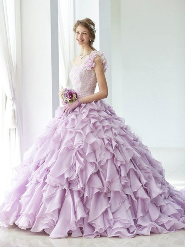 Clothing, Dress, Shoulder, Textile, Photograph, Gown, Bridal clothing, Purple, Formal wear, Pink, 