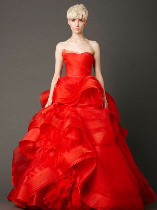 Gown, Fashion model, Clothing, Dress, Bridal party dress, Shoulder, Strapless dress, Red, Haute couture, Formal wear, 