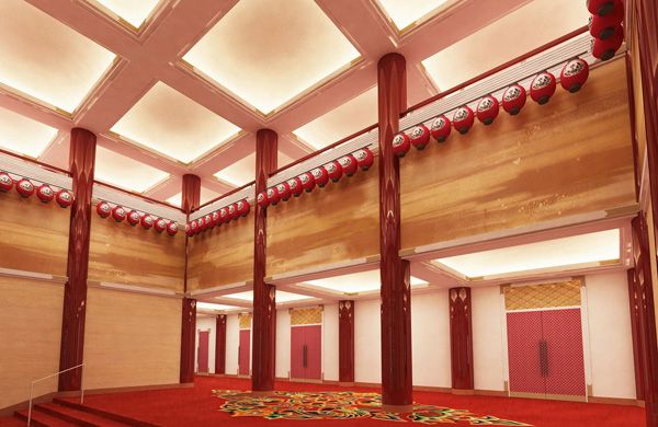 Floor, Red, Ceiling, Interior design, Flooring, Amber, Hall, Carpet, Decoration, Carmine, 