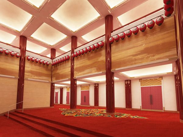 Floor, Red, Ceiling, Interior design, Flooring, Amber, Hall, Carpet, Decoration, Carmine, 
