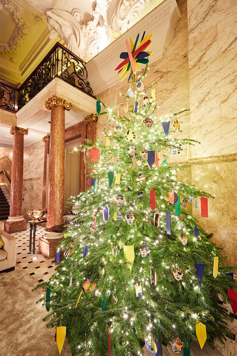 Christmas tree, Tree, Christmas decoration, Christmas, Christmas ornament, Architecture, Lighting, Interior design, Plant, Wall, 