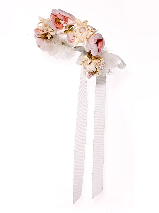 Peach, Beige, Cut flowers, Artificial flower, Ribbon, Hair accessory, Silver, Natural material, Body jewelry, 