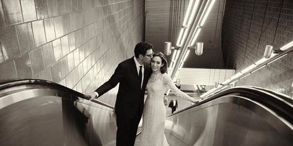 Escalator, Coat, Dress, Photograph, Suit, Standing, Bride, Formal wear, Bridal clothing, Wedding dress, 