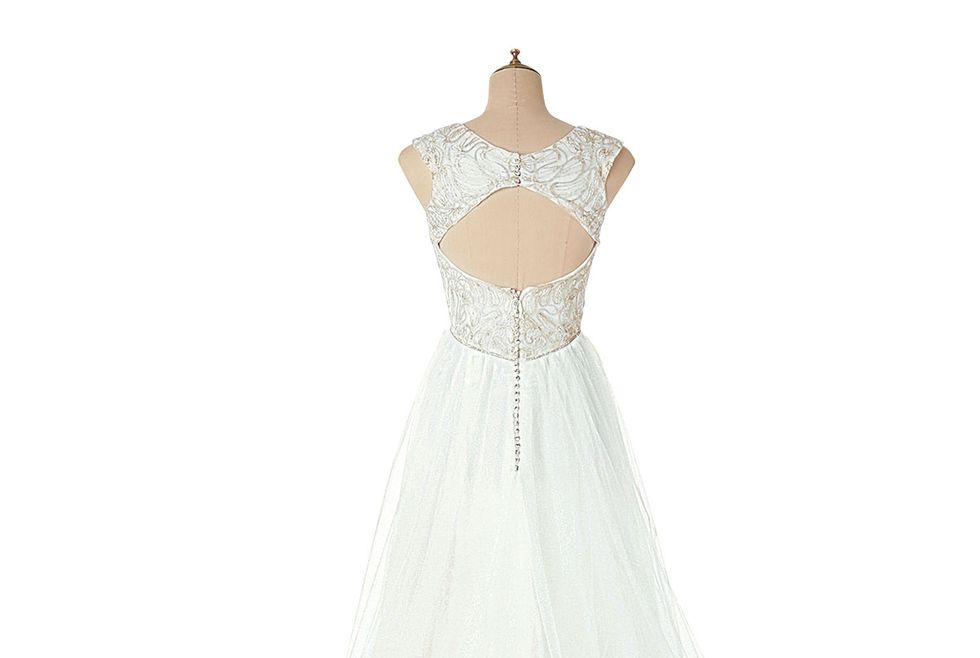 Clothing, Gown, Dress, Wedding dress, Shoulder, Bridal party dress, A-line, Strapless dress, Bridal clothing, Neck, 