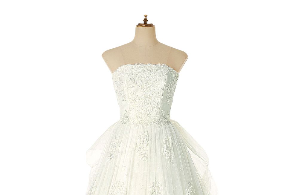 Clothing, Dress, Gown, Bridal party dress, Wedding dress, Strapless dress, A-line, Bridal clothing, Day dress, Cocktail dress, 