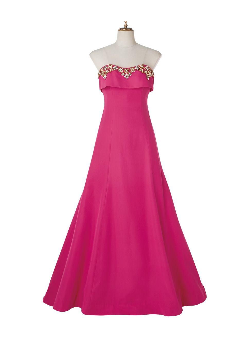 Clothing, Dress, Gown, Pink, Shoulder, Strapless dress, A-line, Bridal party dress, Magenta, Formal wear, 