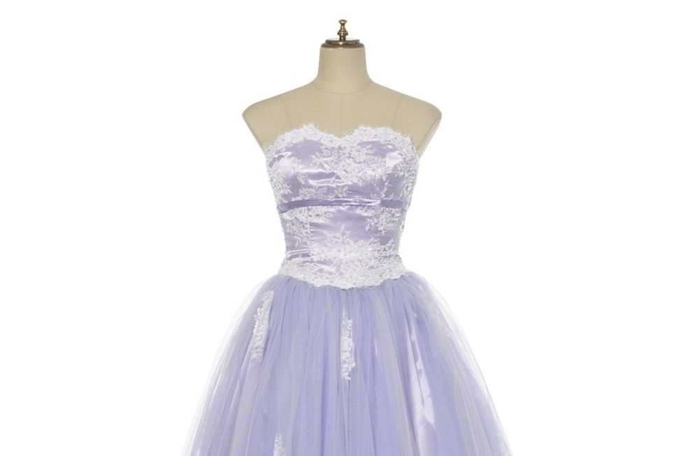 Clothing, Dress, Gown, Bridal party dress, Purple, Strapless dress, Lilac, Lavender, Shoulder, A-line, 