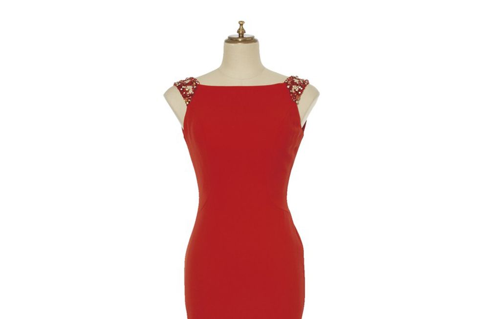 Dress, Clothing, Gown, Day dress, Red, Cocktail dress, A-line, Formal wear, Shoulder, Strapless dress, 