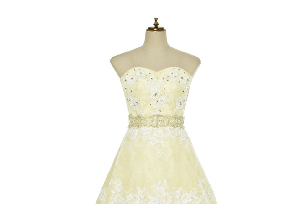 Clothing, Dress, Gown, Shoulder, A-line, Bridal party dress, Strapless dress, Cocktail dress, Yellow, Day dress, 