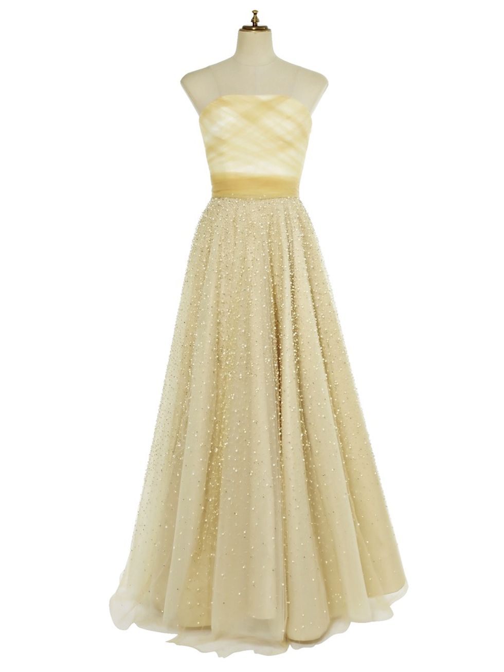 Clothing, Dress, Gown, Bridal party dress, Day dress, Cocktail dress, A-line, Yellow, Strapless dress, Shoulder, 