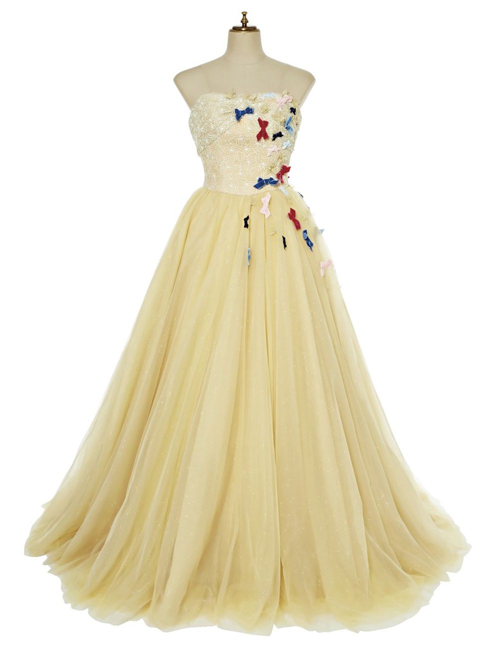 Clothing, Dress, Gown, Bridal party dress, Day dress, Strapless dress, Shoulder, Yellow, Formal wear, A-line, 