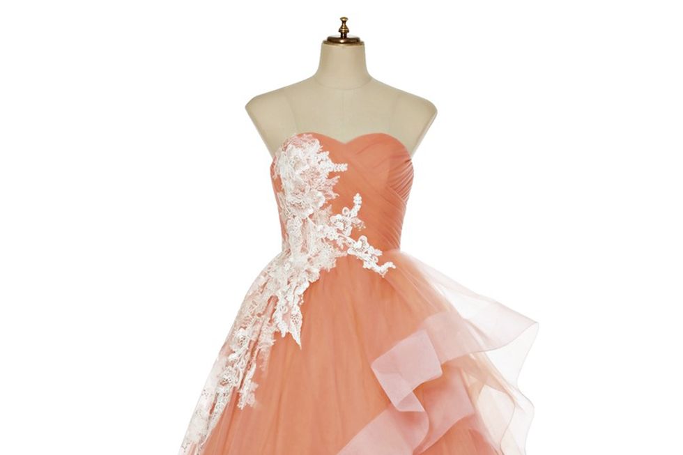 Clothing, Dress, Gown, Pink, Bridal party dress, Strapless dress, Peach, A-line, Day dress, Shoulder, 