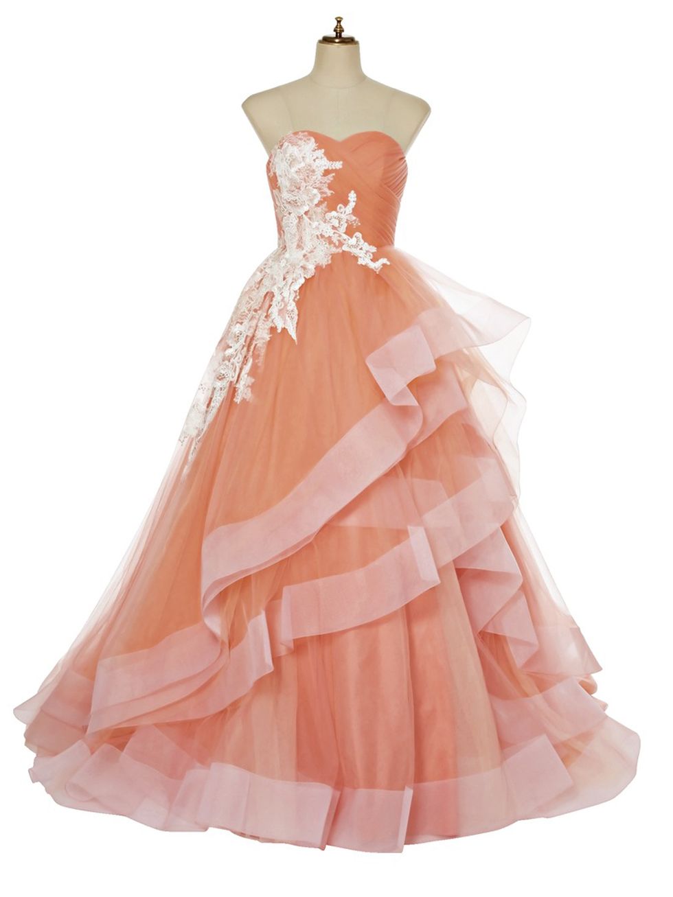 Clothing, Dress, Gown, Pink, Bridal party dress, Strapless dress, Peach, A-line, Day dress, Shoulder, 