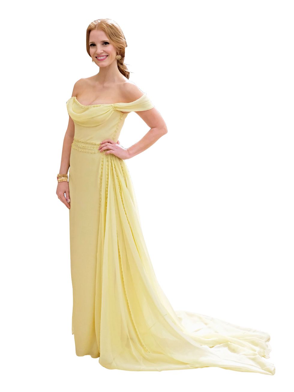 Clothing, Gown, Dress, Fashion model, Shoulder, Bridal party dress, Yellow, Formal wear, Strapless dress, Day dress, 