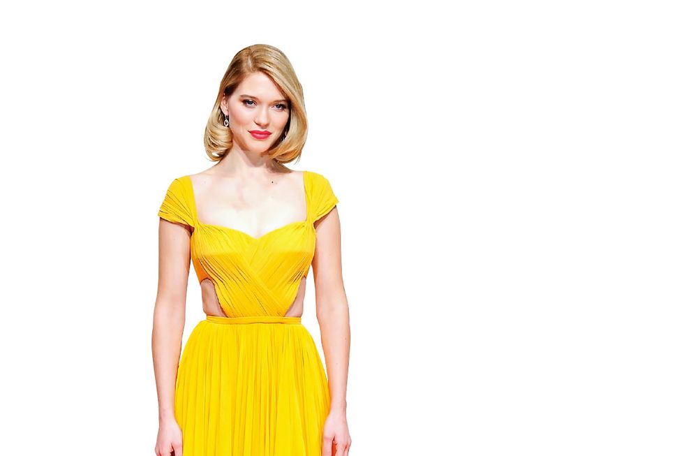 Clothing, Dress, Gown, Fashion model, Yellow, Day dress, Shoulder, A-line, Bridal party dress, Formal wear, 