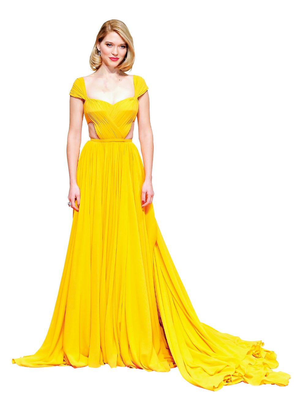 Clothing, Dress, Gown, Fashion model, Yellow, Day dress, Shoulder, A-line, Bridal party dress, Formal wear, 