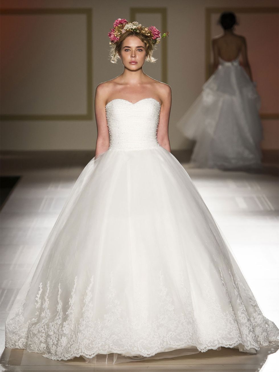 Gown, Wedding dress, Clothing, Fashion model, Dress, Bride, Bridal party dress, Bridal clothing, Bridal accessory, Hair, 