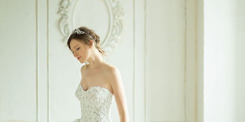 Clothing, Dress, Floor, Shoulder, Bridal clothing, Textile, Flooring, Photograph, Wedding dress, White, 