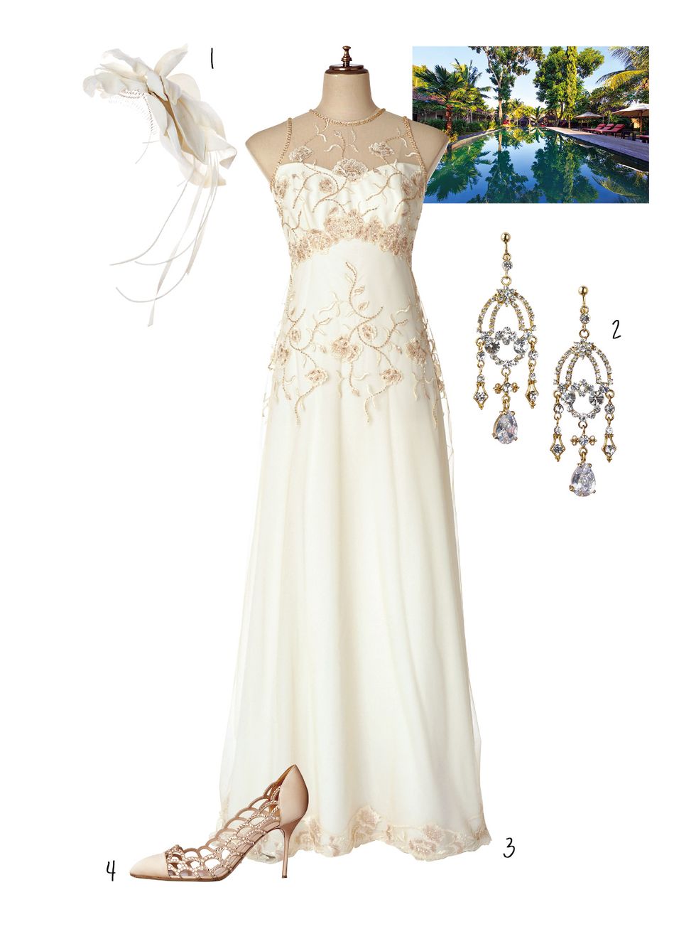 Brown, Dress, White, Formal wear, One-piece garment, Gown, Wedding dress, Pattern, Fashion, High heels, 