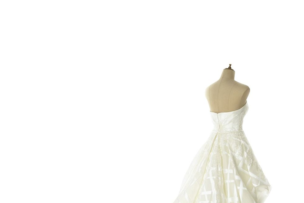 White, Dress, Gown, Clothing, Wedding dress, Bridal party dress, Bridal accessory, Bridal clothing, A-line, Strapless dress, 