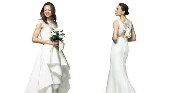 Gown, Dress, Wedding dress, Clothing, Bride, Fashion model, Shoulder, White, Bridal clothing, Bridal party dress, 