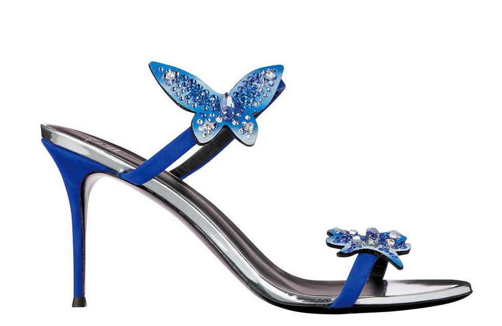 Footwear, Blue, Cobalt blue, Electric blue, High heels, Bridal shoe, Turquoise, Shoe, Butterfly, Leg, 