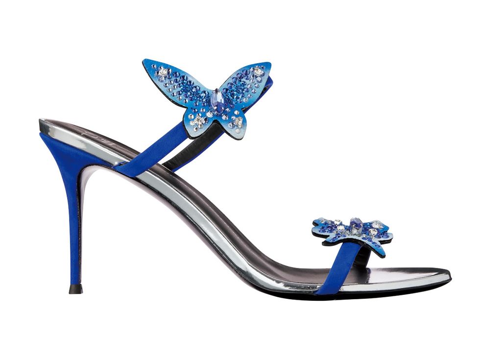 Footwear, Blue, Cobalt blue, Electric blue, High heels, Bridal shoe, Turquoise, Shoe, Butterfly, Leg, 