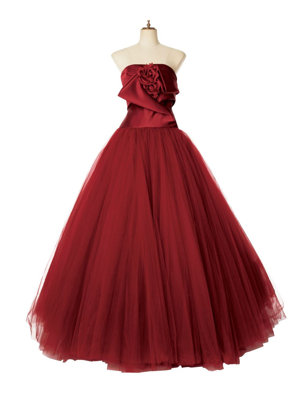 Clothing, Dress, Gown, Bridal party dress, Red, Strapless dress, Shoulder, A-line, Cocktail dress, Formal wear, 