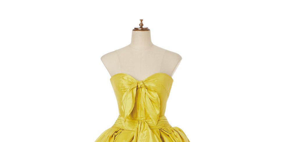Dress, Clothing, Yellow, Strapless dress, Cocktail dress, Bridal party dress, Day dress, Gown, A-line, Formal wear, 