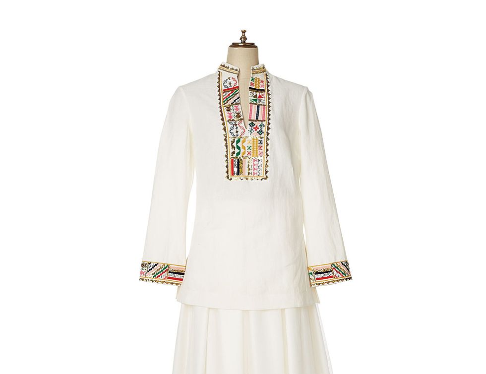 Clothing, White, Dress, Gown, Formal wear, Sleeve, Outerwear, Suit, Embroidery, A-line, 