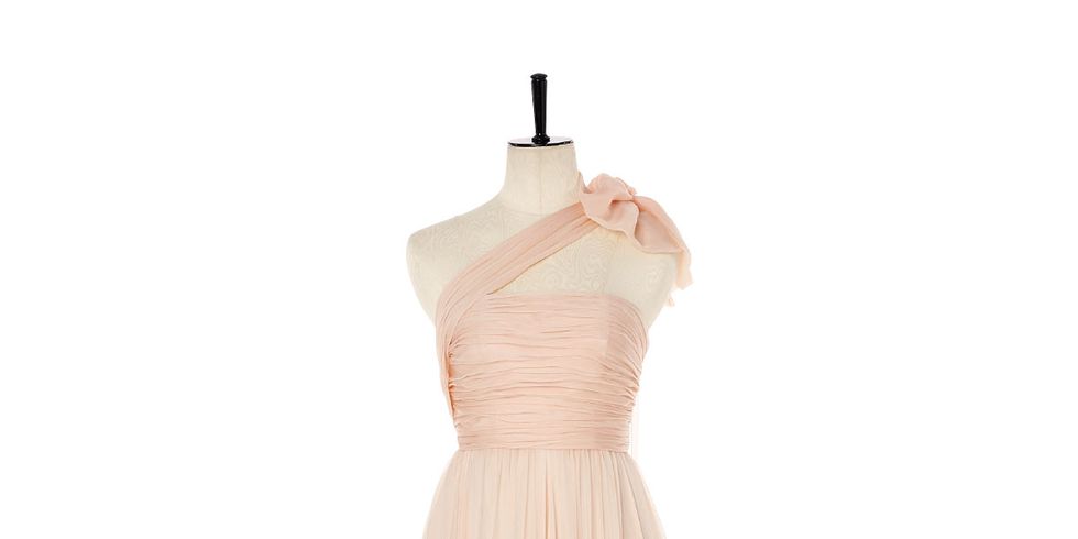 Clothing, Dress, Gown, Shoulder, Bridal party dress, A-line, Strapless dress, Pink, Peach, Cocktail dress, 