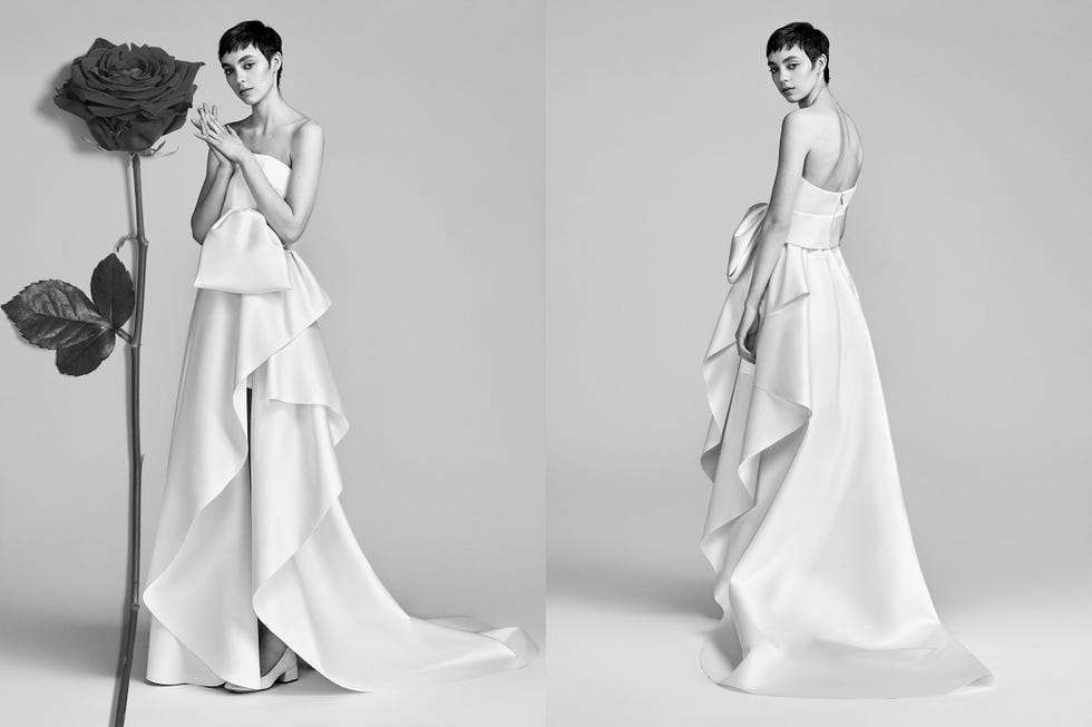 Gown, White, Dress, Clothing, Fashion model, Fashion, Standing, Fashion design, Black-and-white, Shoulder, 