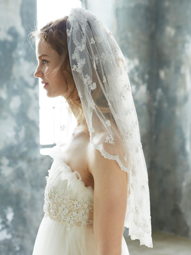 Clothing, Bridal clothing, Bridal veil, Hairstyle, Veil, Skin, Sleeve, Dress, Shoulder, Photograph, 