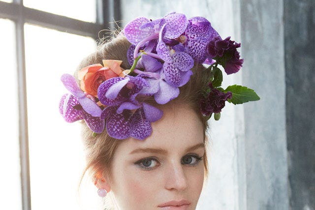 Clothing, Hairstyle, Shoulder, Dress, Hair accessory, White, Petal, Bridal clothing, Purple, Style, 