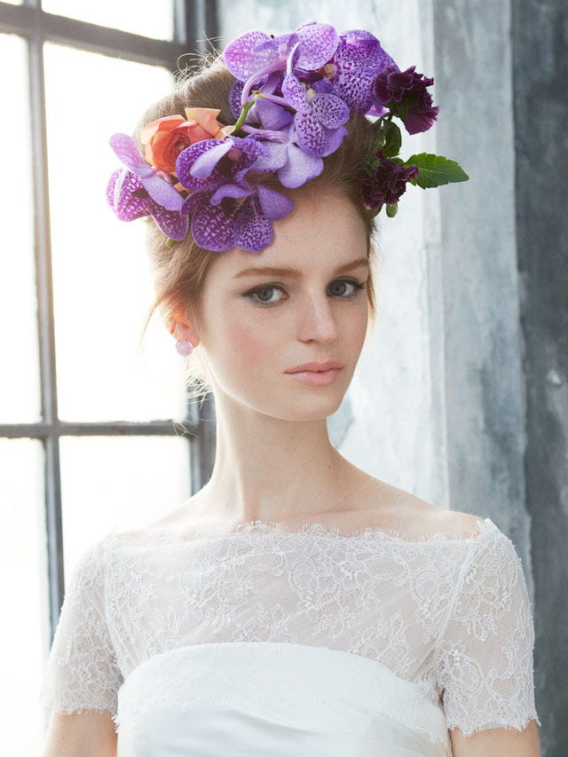 Clothing, Hairstyle, Shoulder, Dress, Hair accessory, White, Petal, Bridal clothing, Purple, Style, 