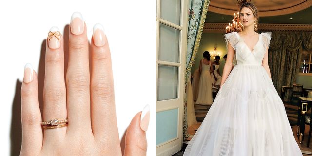 Wedding dress, Dress, Gown, Photograph, Finger, Bridal clothing, Bride, Hand, Nail, Ring, 