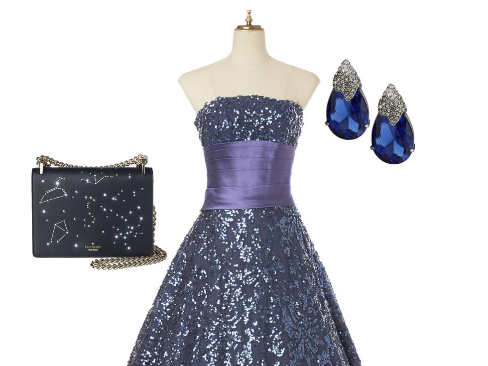 Dress, Clothing, Blue, Cocktail dress, Strapless dress, Gown, Purple, Bridal party dress, A-line, Formal wear, 