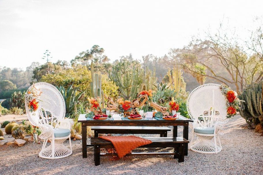 Furniture, Outdoor furniture, Table, Petal, Orange, Outdoor table, Garden, Peach, Flower Arranging, Floral design, 