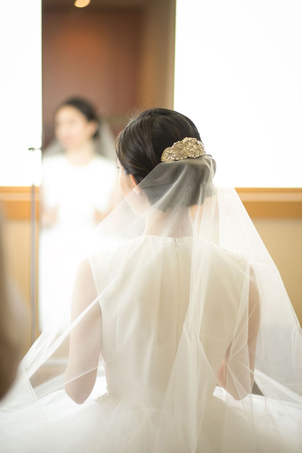 Hairstyle, Bridal veil, Bridal clothing, Sleeve, Veil, Shoulder, Bridal accessory, Photograph, Wedding dress, Dress, 