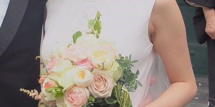 Petal, Bouquet, Flower, Photograph, Cut flowers, Hat, Pink, Wedding dress, Peach, Formal wear, 