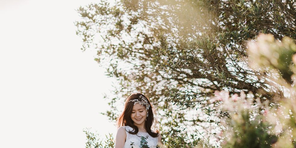 Clothing, Dress, Photograph, Petal, Happy, People in nature, Bride, Bridal clothing, Wedding dress, Spring, 