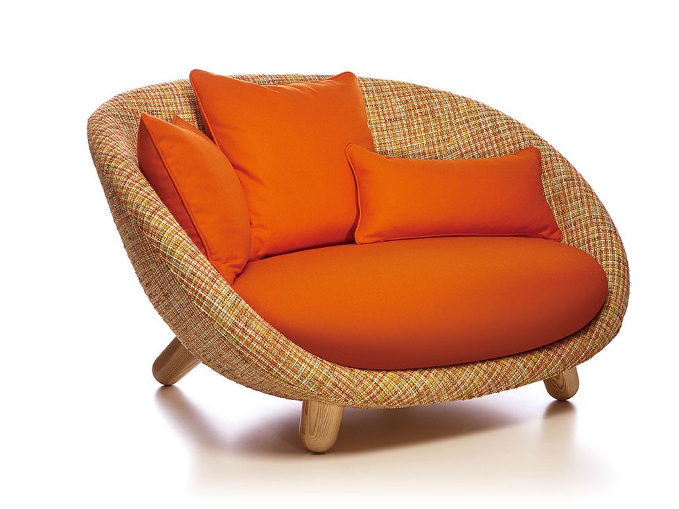 Furniture, Orange, Chair, Club chair, Comfort, Outdoor furniture, Couch, studio couch, Wicker, Armrest, 