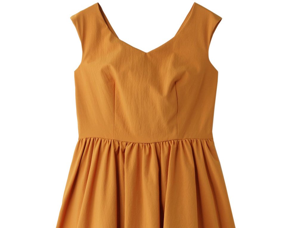 Brown, Product, Yellow, Dress, Sleeve, Textile, Orange, One-piece garment, Pattern, Day dress, 