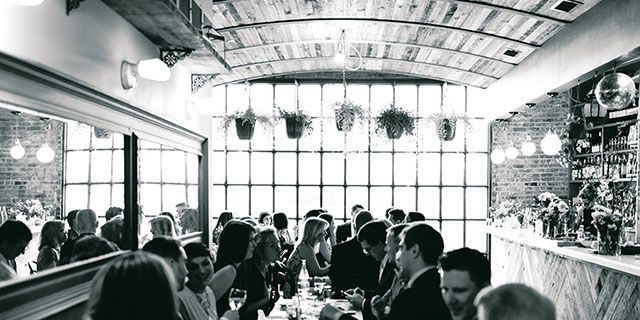 Photograph, Restaurant, Black-and-white, Rehearsal dinner, Lunch, Monochrome, Meal, Table, Dining room, Room, 