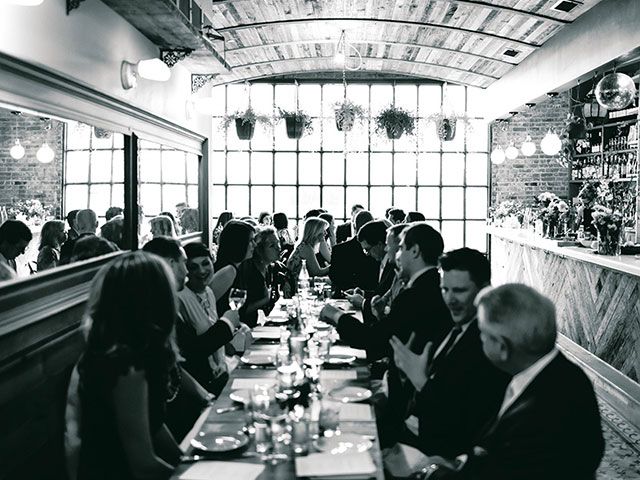 Photograph, Restaurant, Black-and-white, Rehearsal dinner, Lunch, Monochrome, Meal, Table, Dining room, Room, 