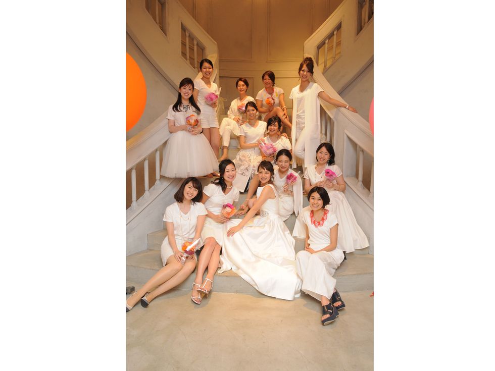 Clothing, Bridal clothing, Dress, Photograph, Happy, Coat, Formal wear, Wedding dress, Sitting, Gown, 