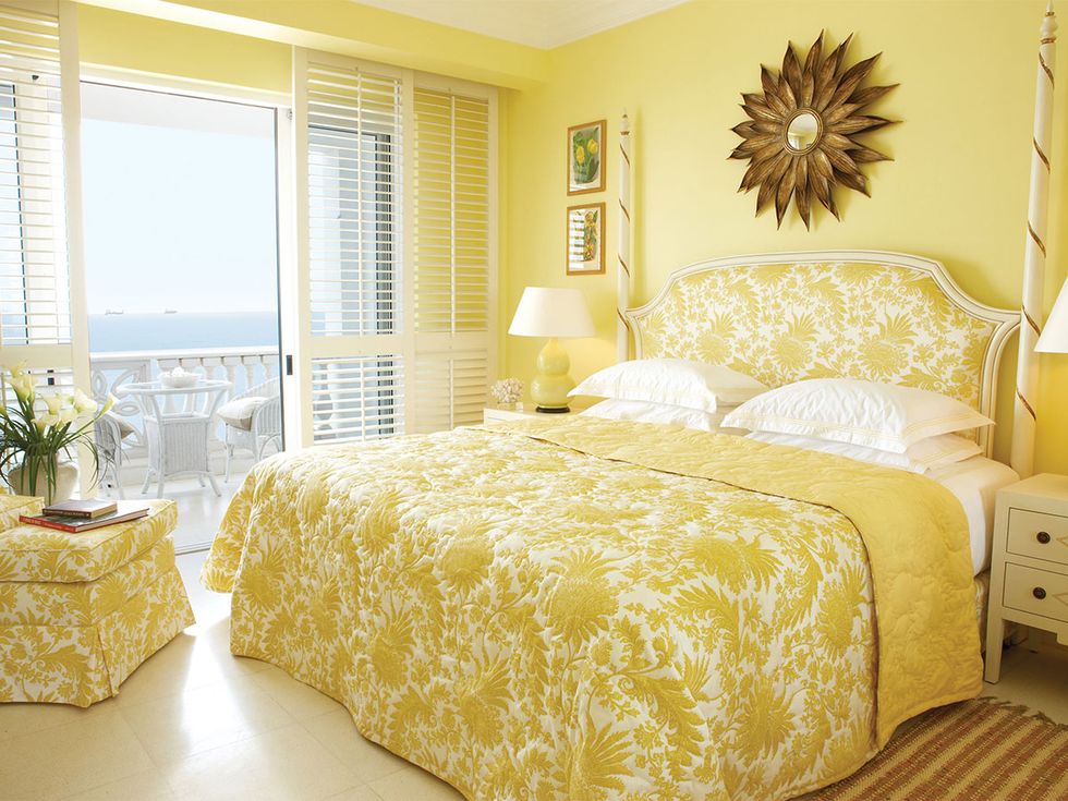 Bed, Room, Interior design, Lighting, Yellow, Floor, Bedding, Green, Bedroom, Property, 