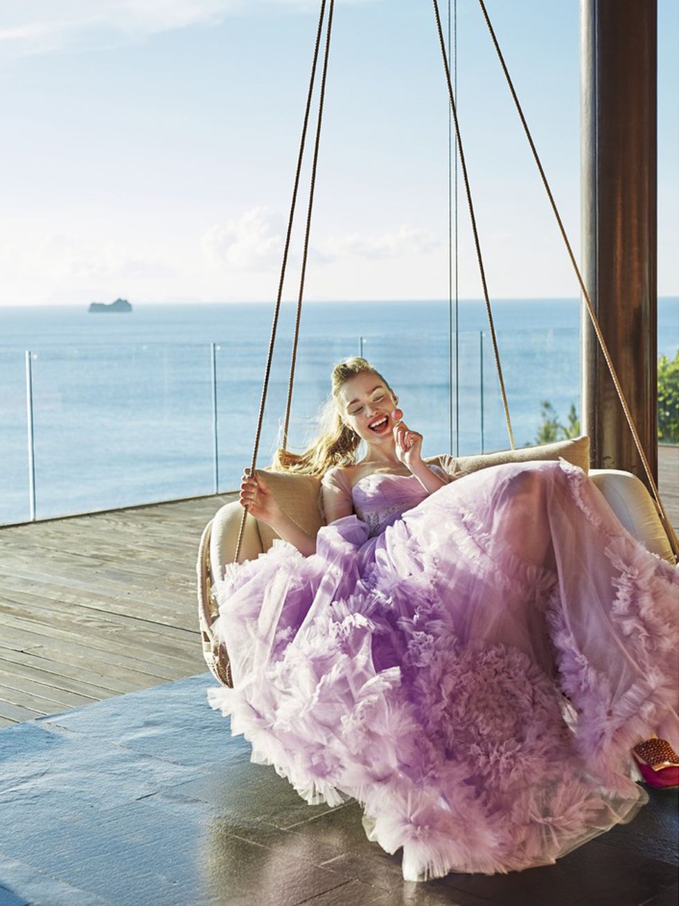 Swing, Pink, Purple, Outdoor play equipment, Dress, Flower girl basket, Room, Vacation, Furniture, Photography, 